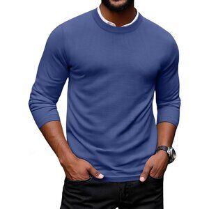 Coofandy Men Royal Blue Crew Neck Pullover Long Sleeve Lightweight Dress Sweater